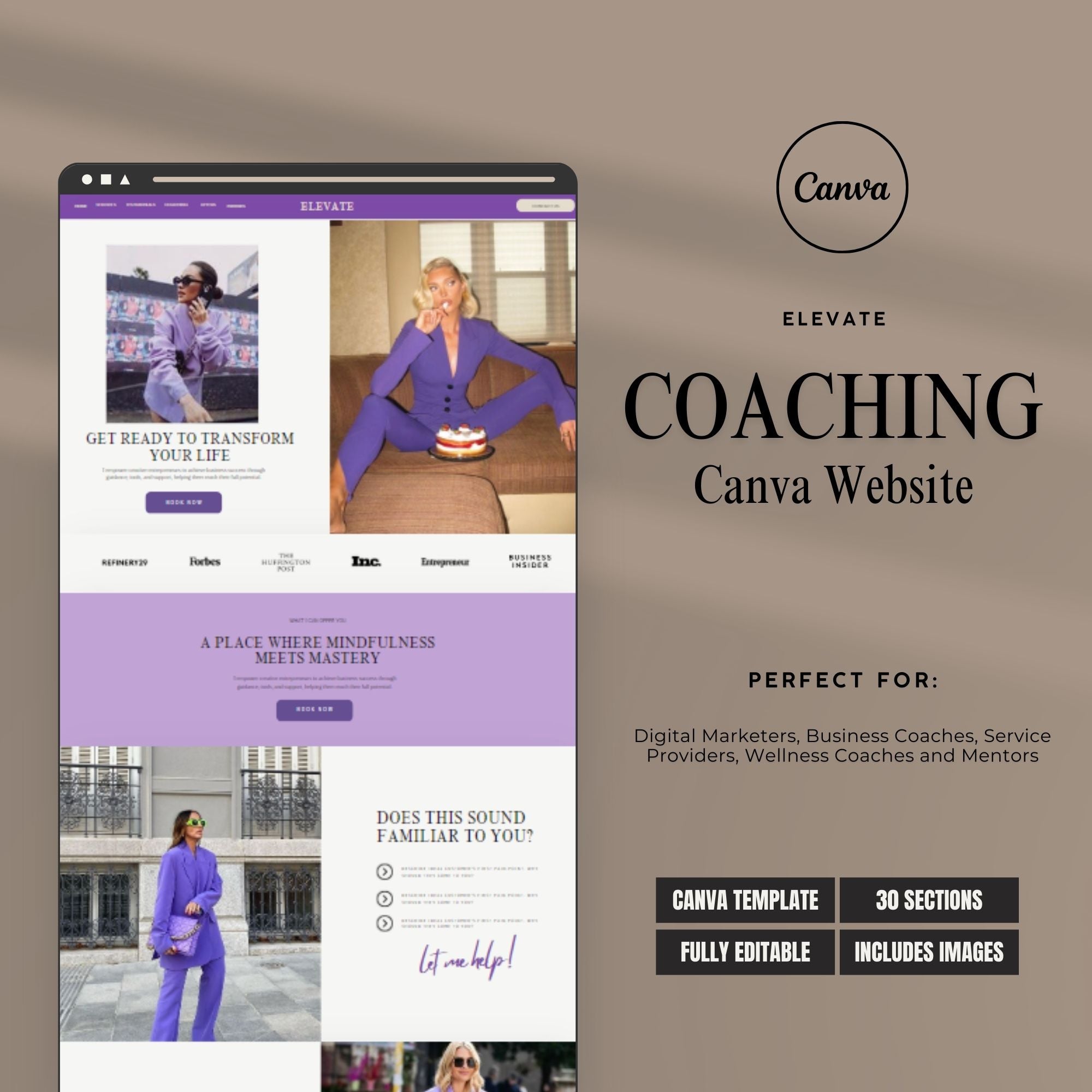 Business Coach Canva Website Template – One-Page Coaching Landing Page for Life Coaches.