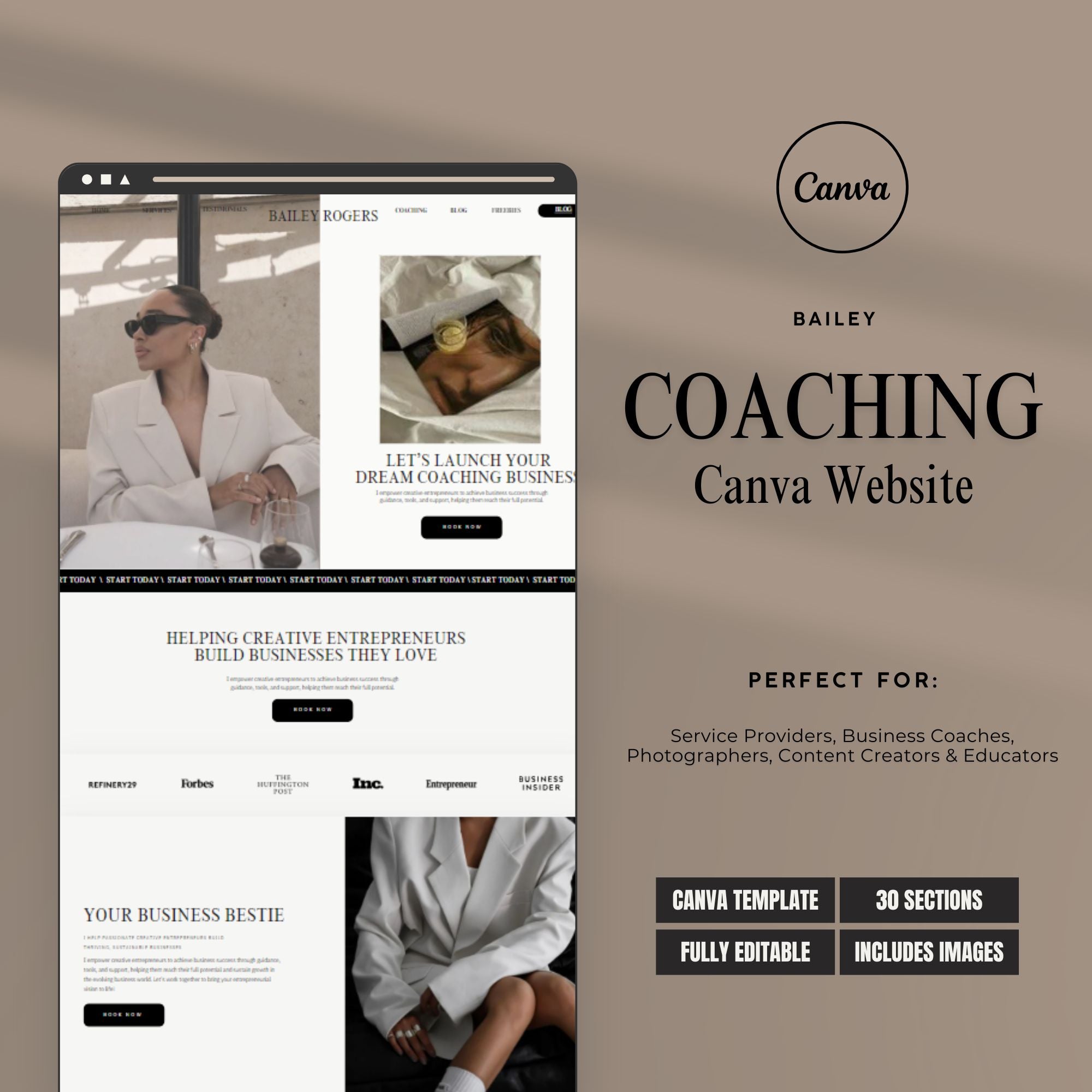 Business Coach Canva Website Template – One-Page Coaching and Therapist Website Design.