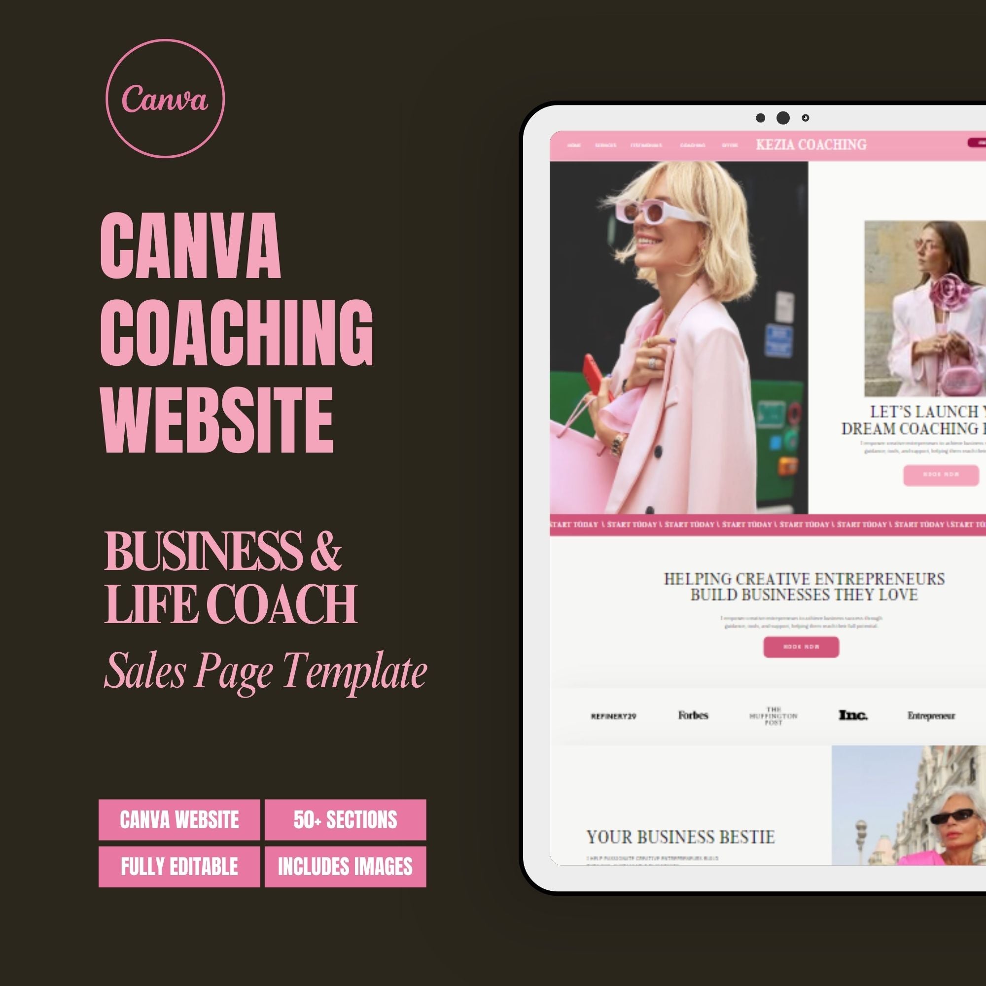 Canva Website Template – Coaching Sales Funnel for Course Creators, Landing Page, Pink Website Template.