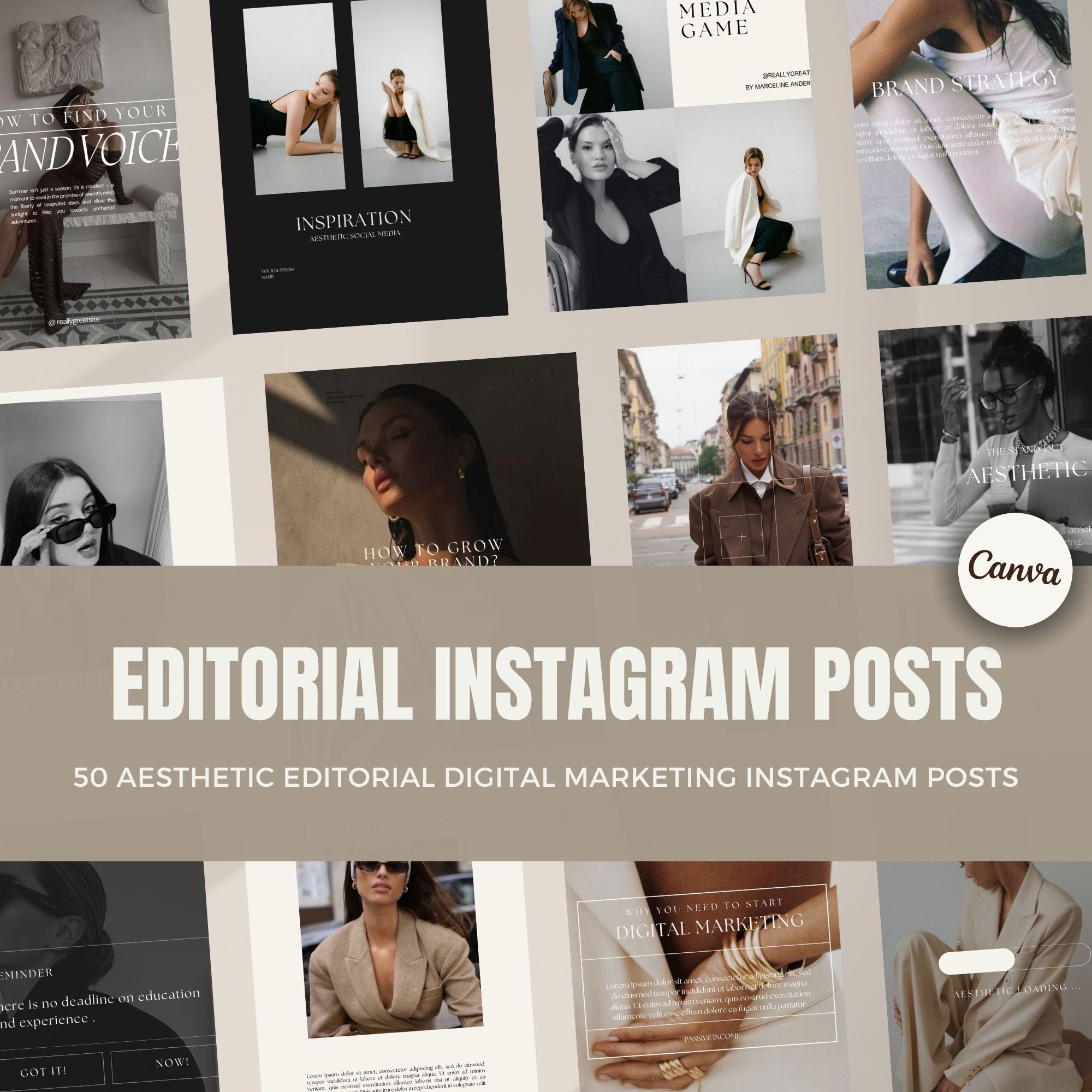 50 Canva Instagram Post Templates - Luxury Editorial Aesthetic for Digital Marketing and Social Media Branding.