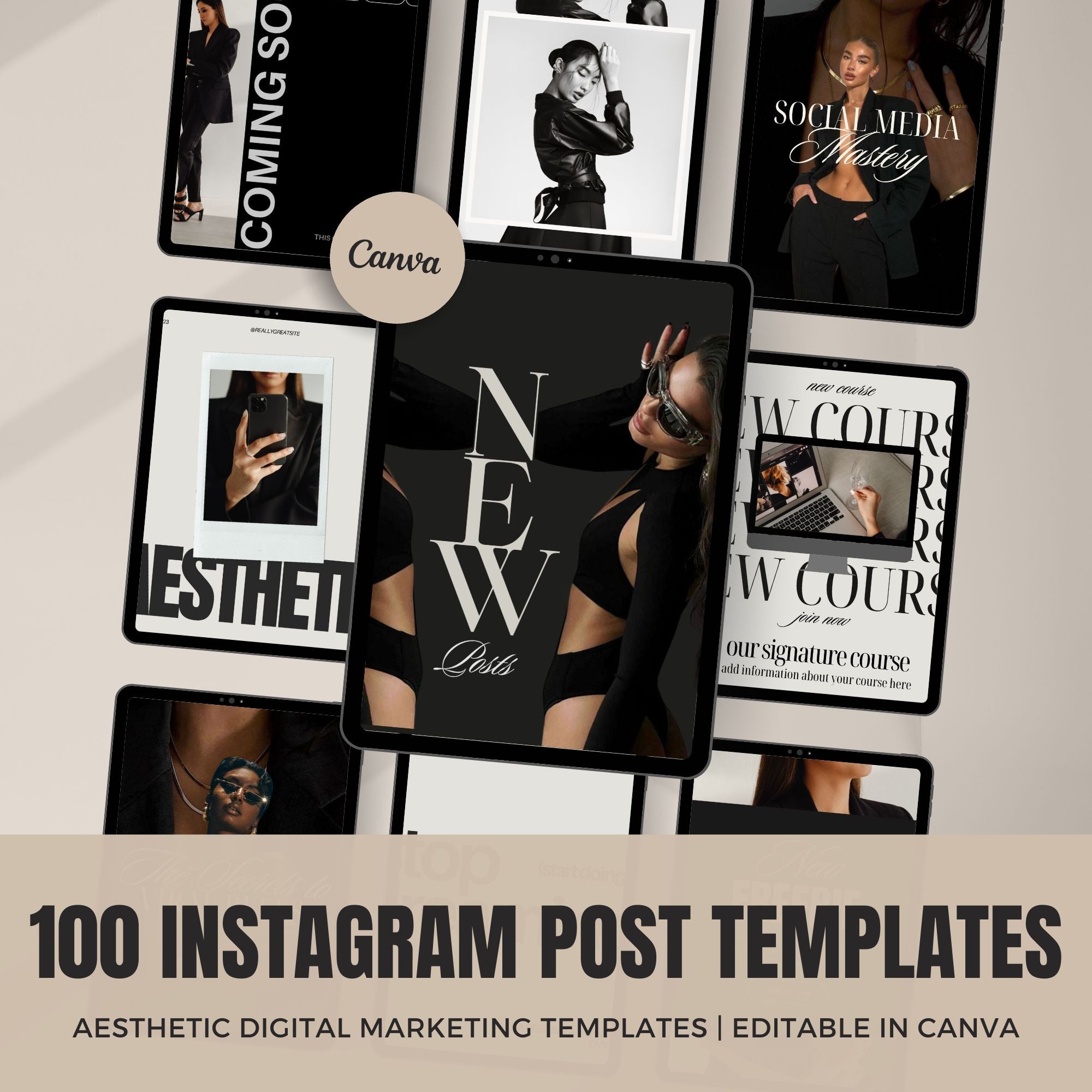 100 Aesthetic Digital Marketing Instagram Post Templates – Editable Canva Social Media Templates with Master Resell Rights.