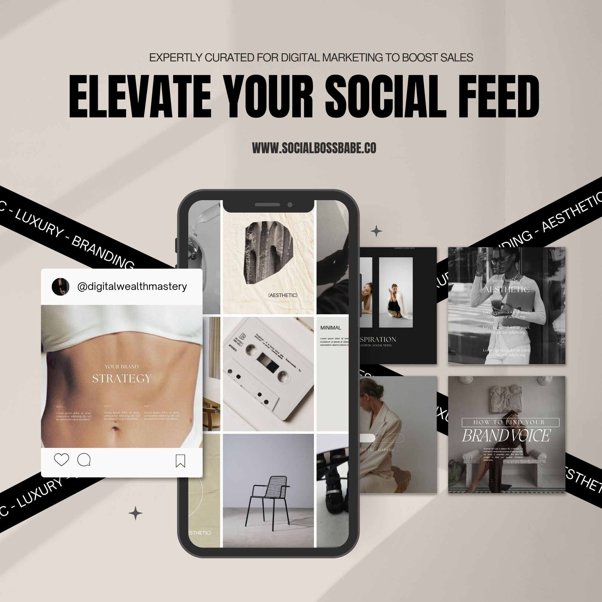 50 Canva Instagram Post Templates - Luxury Editorial Aesthetic for Digital Marketing and Social Media Branding.