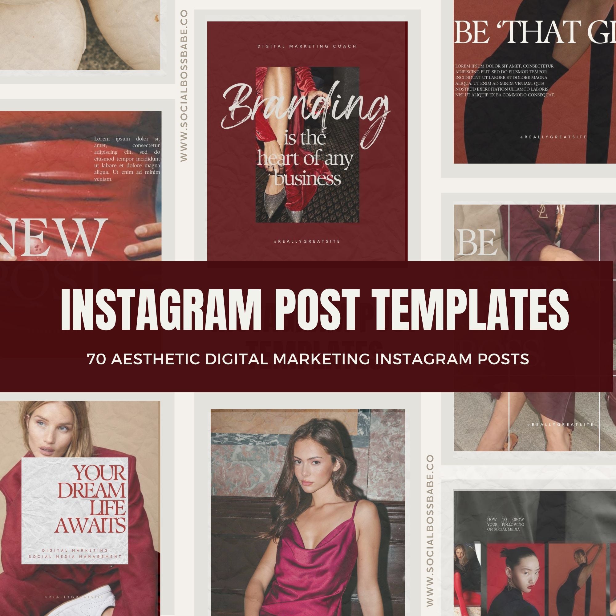 Red Aesthetic Canva Instagram Templates – Editable Social Media Post Templates for Digital Marketing & Faceless Branding.