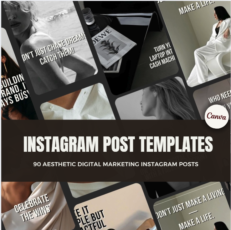 90 Faceless Instagram Posts - Aesthetic Digital Marketing Templates with MRR & PLR for Business Coaches and Social Media Branding.