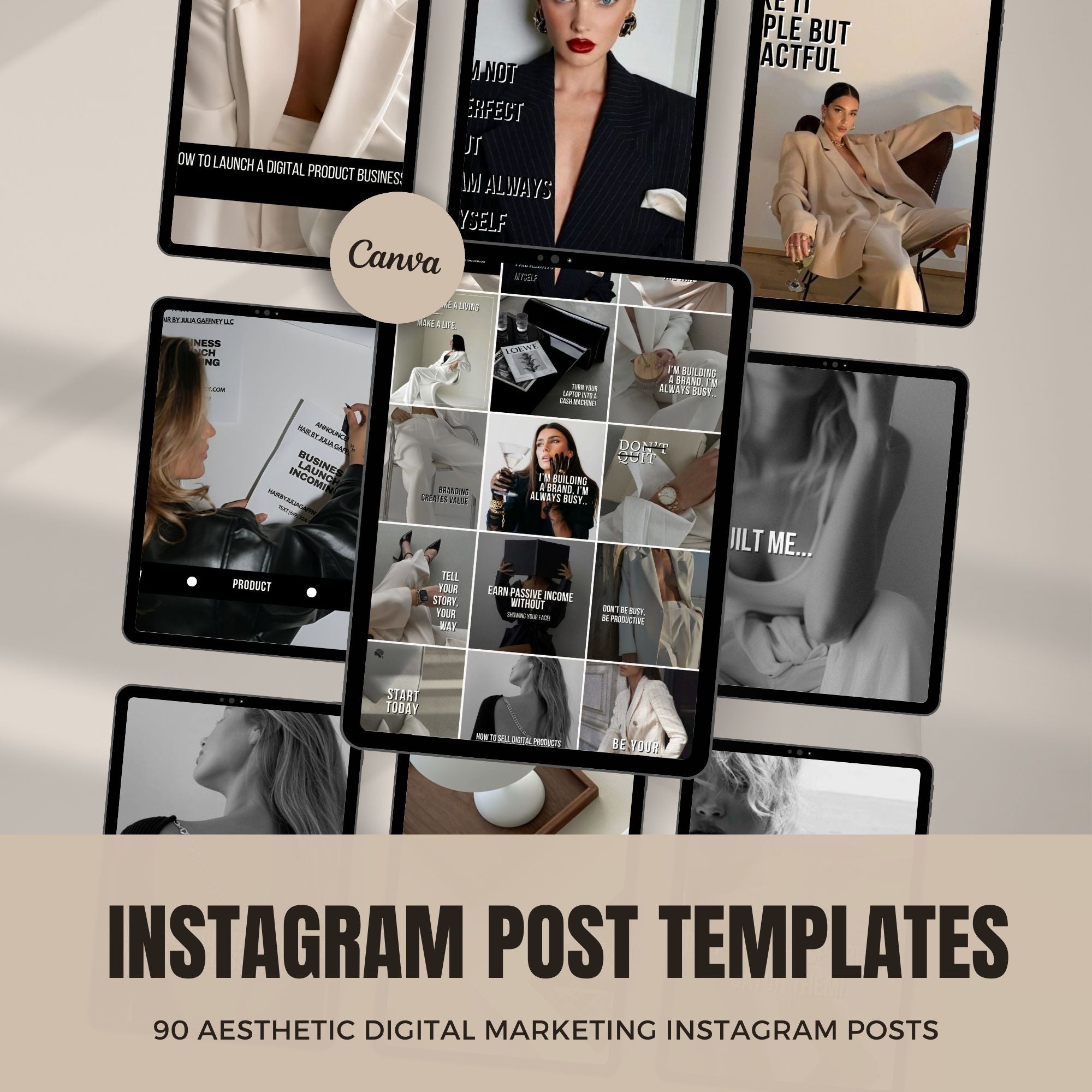 Canva Instagram Post Templates for Faceless Digital Marketing – 90 Aesthetic Social Media Designs with Master Resell Rights.