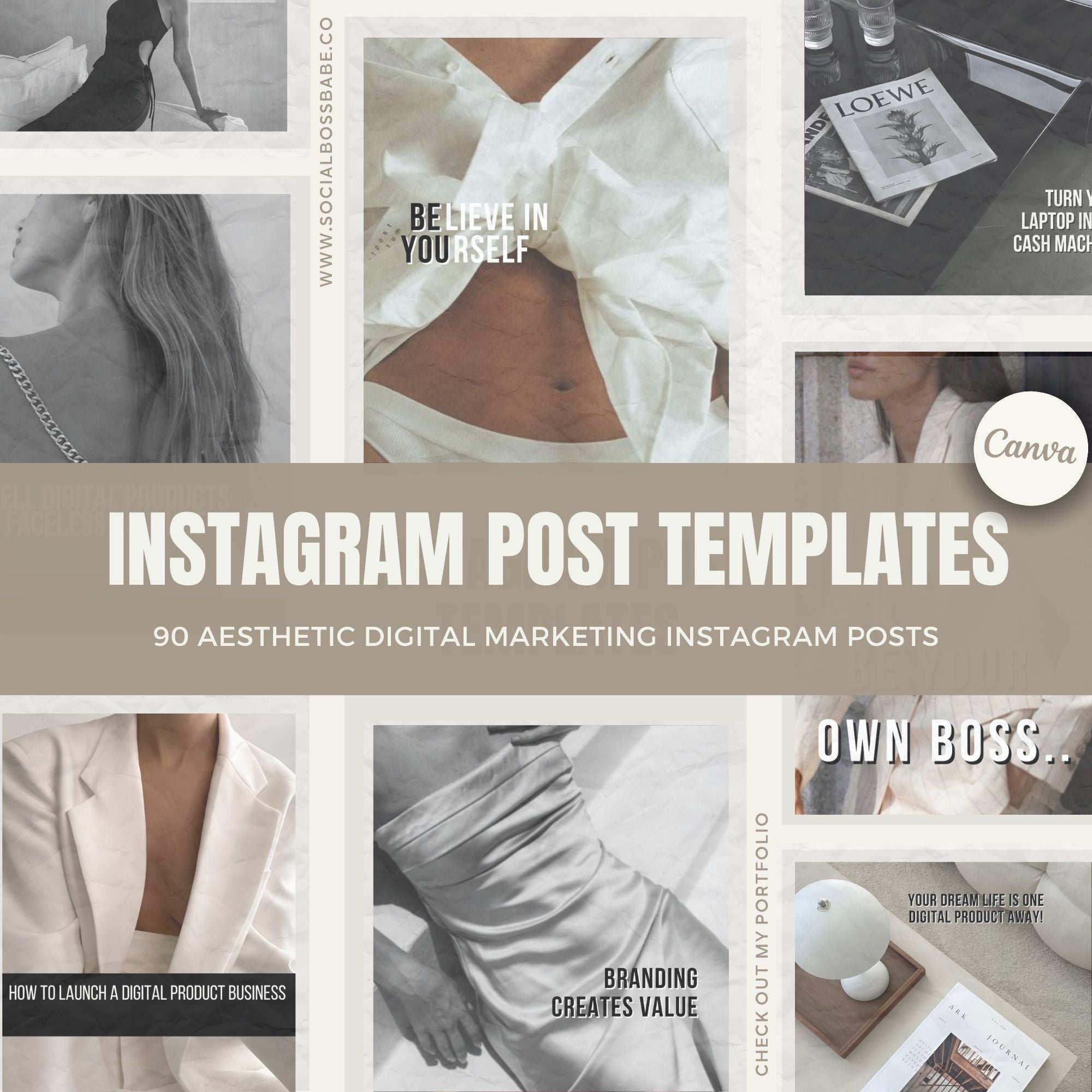 Faceless Digital Marketing Instagram Posts – Aesthetic Canva Social Media Templates with MRR & PLR for Business Coaches and Branding.
