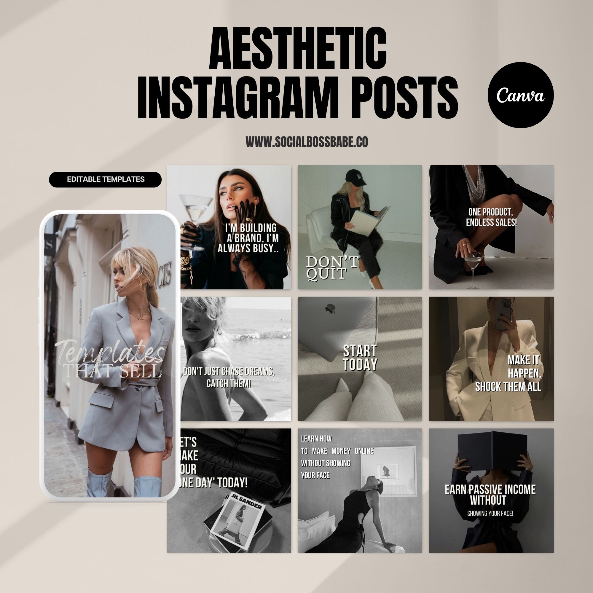 90 Faceless Instagram Posts - Aesthetic Digital Marketing Templates with MRR & PLR for Business Coaches and Social Media Branding.
