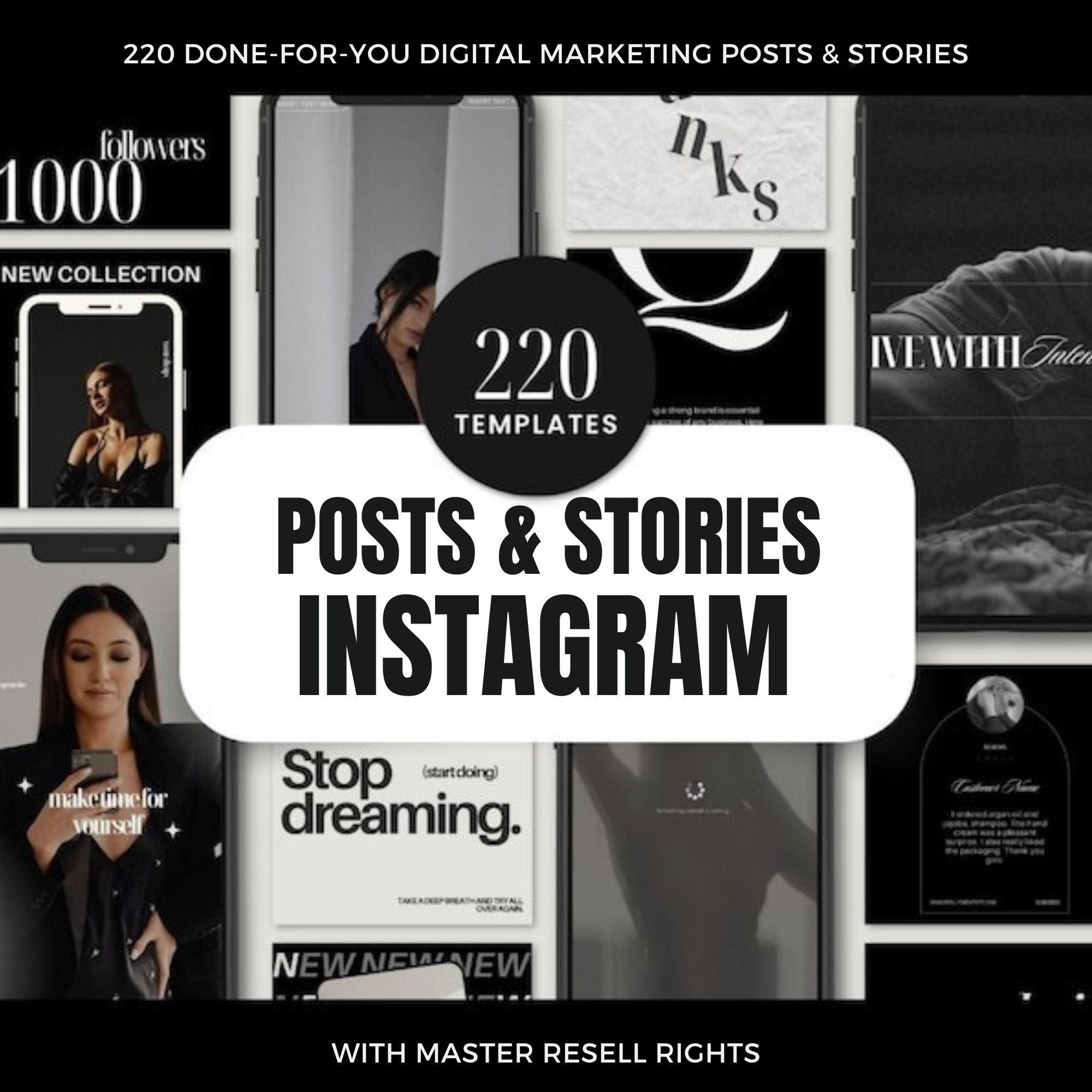 200 Instagram Post and Story Templates for Digital Marketing – Aesthetic Social Media Templates with MRR & PLR for Branding and Engagement.