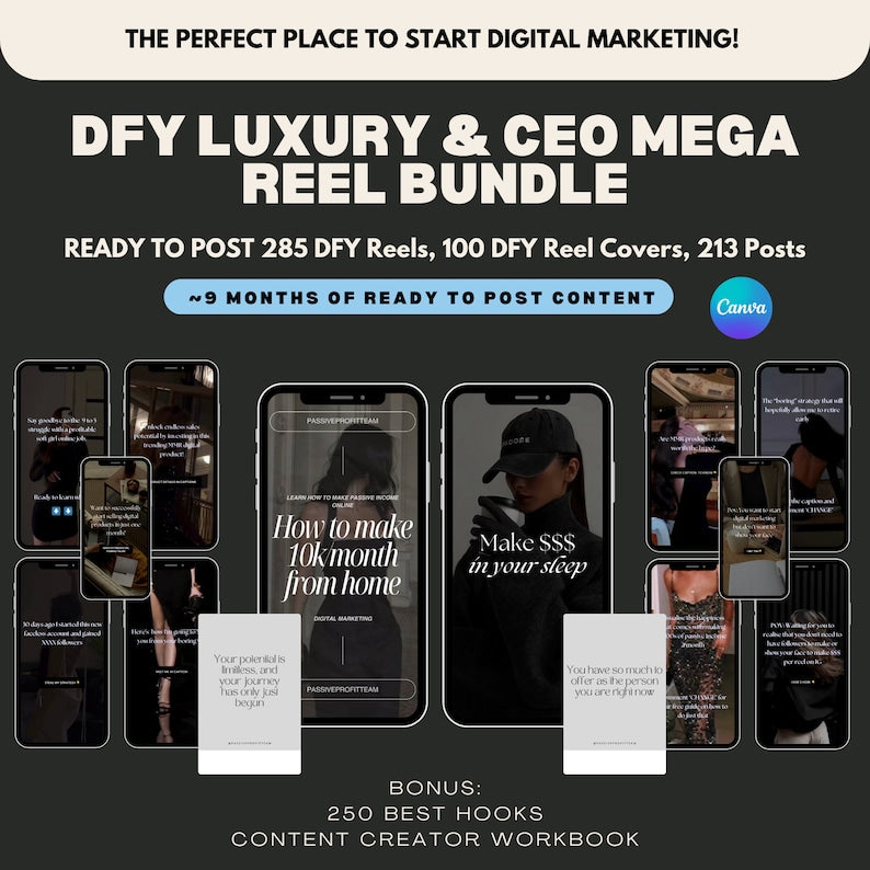 What’s included in the Done For You Instagram Reels bundle: 165 simple aesthetic reels, 120 luxe aesthetic reels, 120 luxury videos without captions, 213 motivational quote posts, 100 feminine reel covers, 110 best hooks, and a content creator workbook. Perfect for Instagram, TikTok, and Pinterest marketing with Master Resell Rights (MRR).