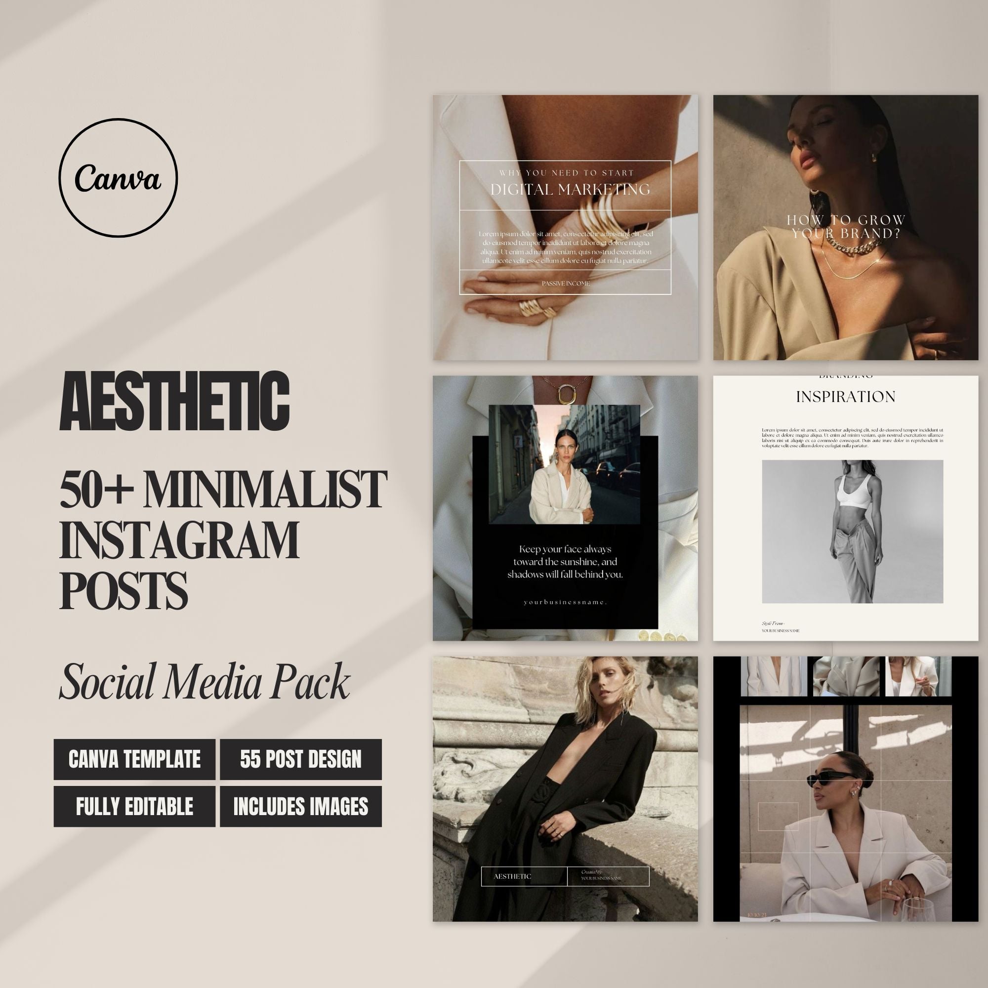 Luxury Editorial Instagram Templates – 50 Editable Canva Designs for Social Media and Digital Marketing Success.