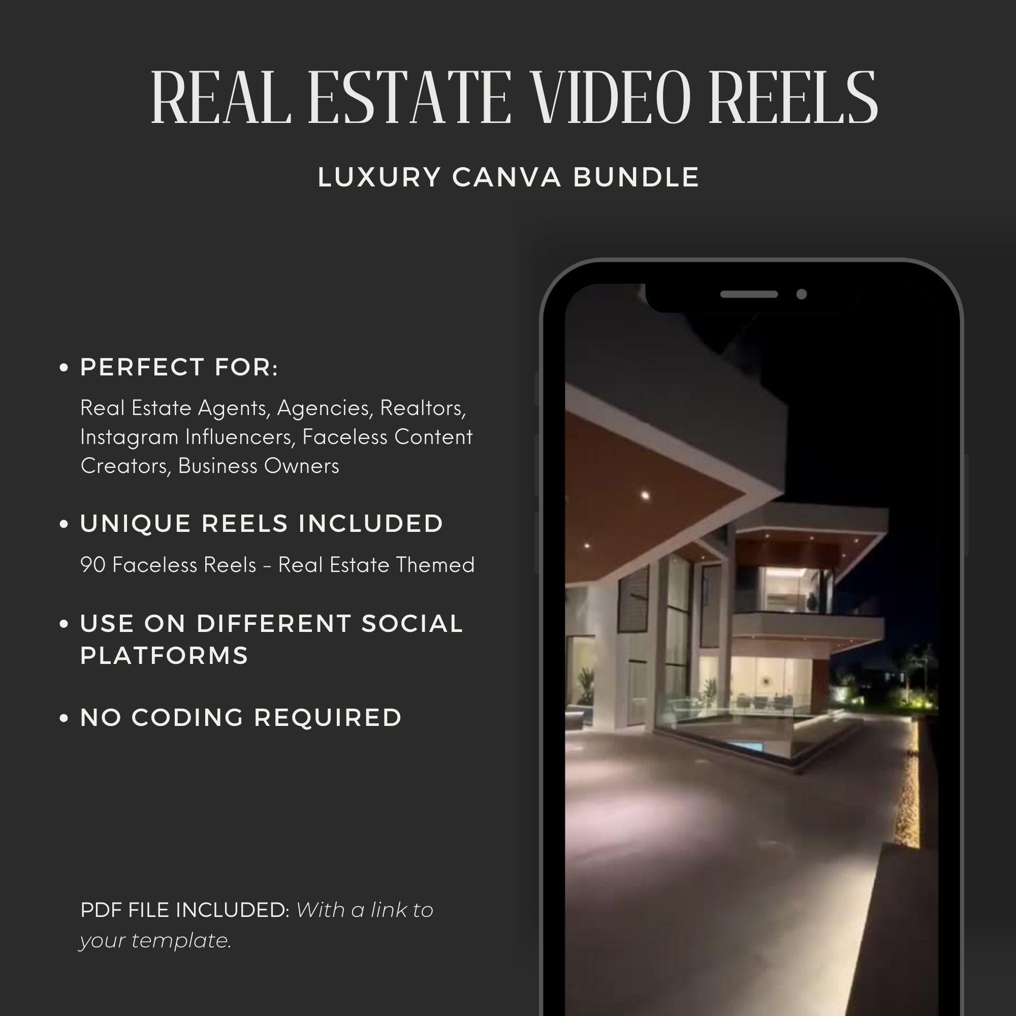 Real Estate Reels Canva Template with MRR & PLR – Luxury Faceless Reels Bundle.