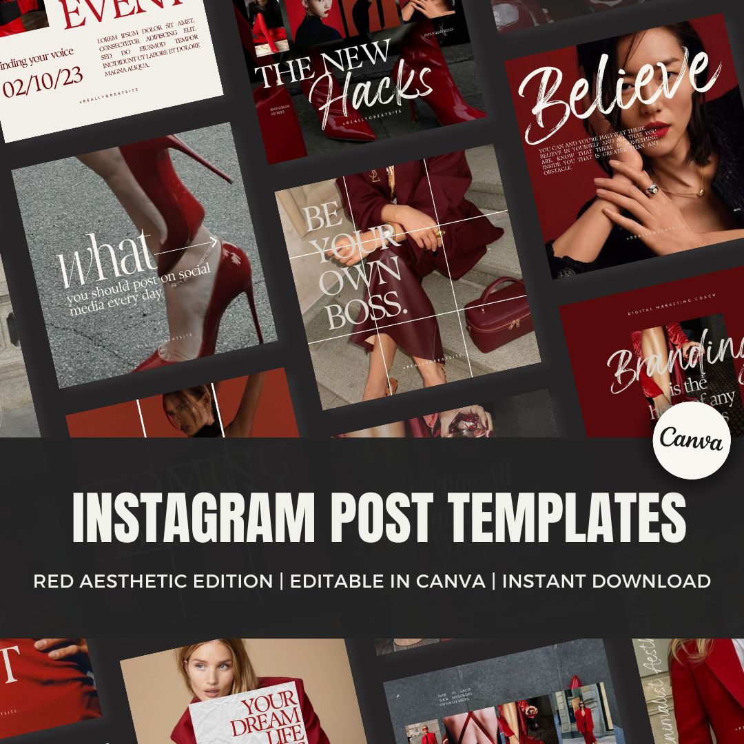 Canva Instagram Templates for Faceless Marketing – Red Aesthetic Social Media Post Templates for Digital Growth.