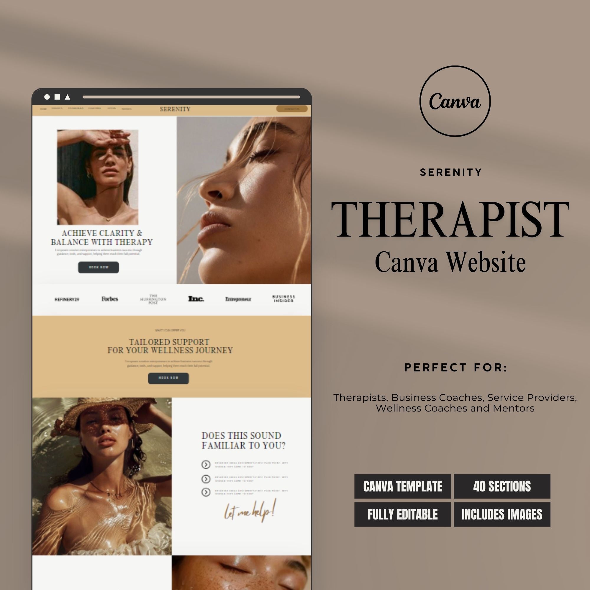 Therapist Canva Website Template – Coaching Website, Course Landing Page, One-Page Design for Business Coaches.